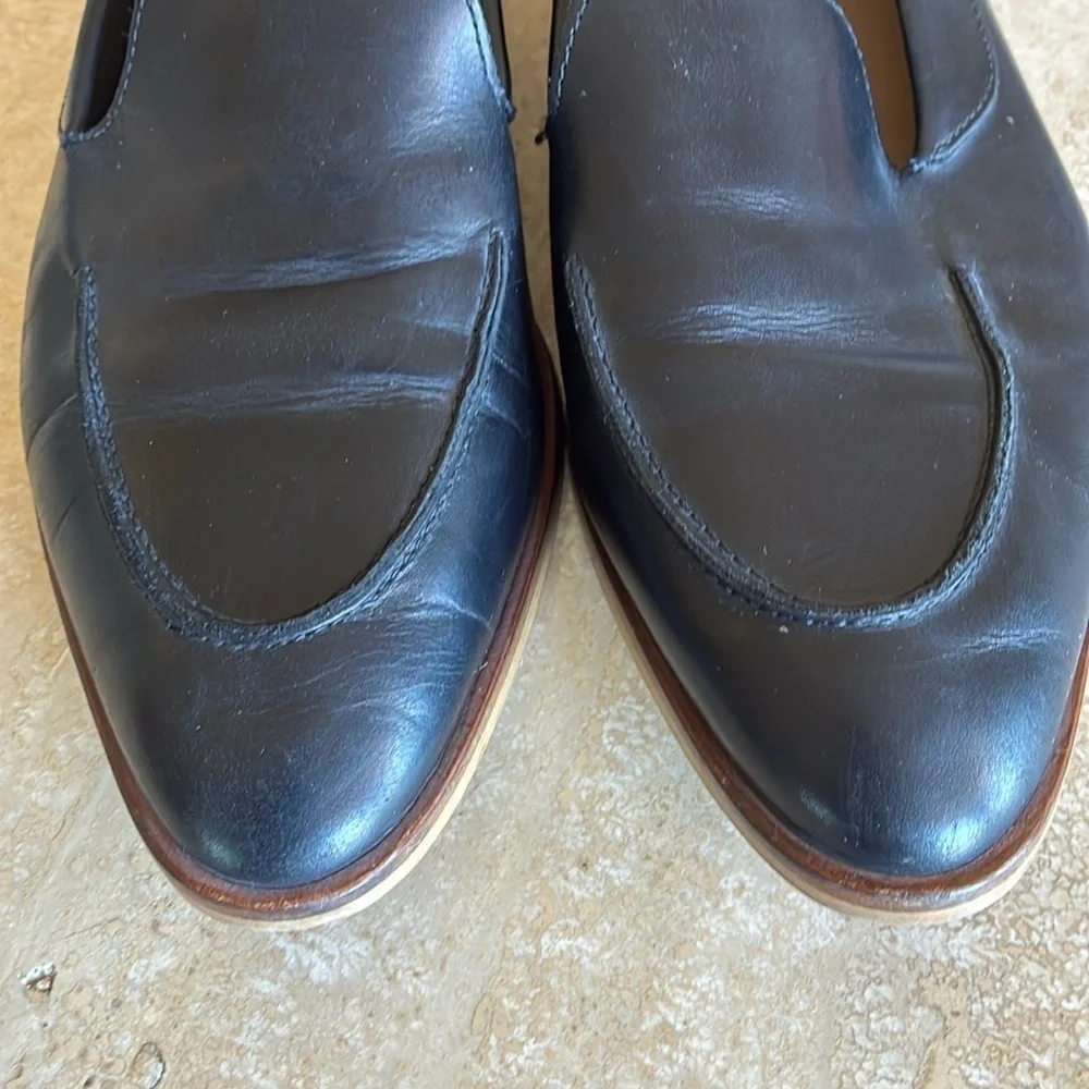 Everlane Italian women 9.5, black leather loafers, stacked leather sole/heel EUC